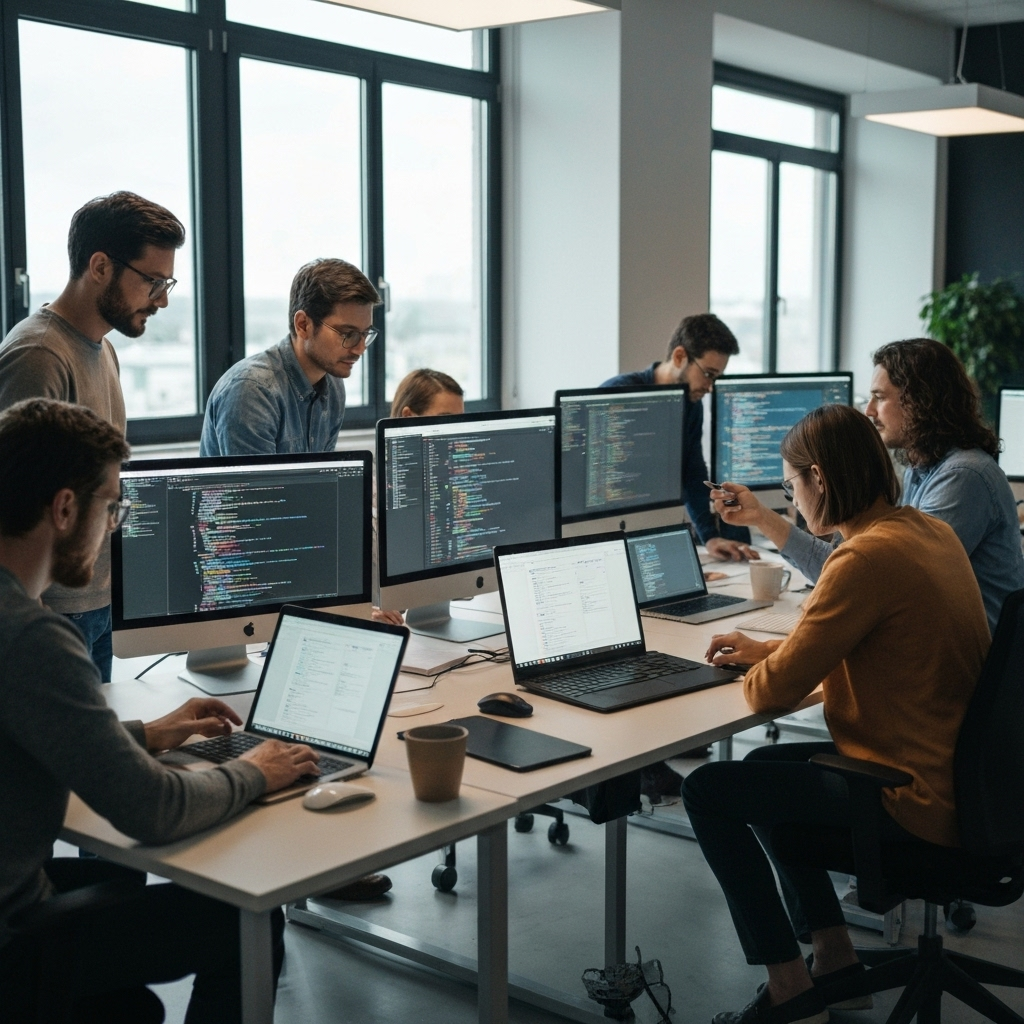Software development team working on enterprise technology
